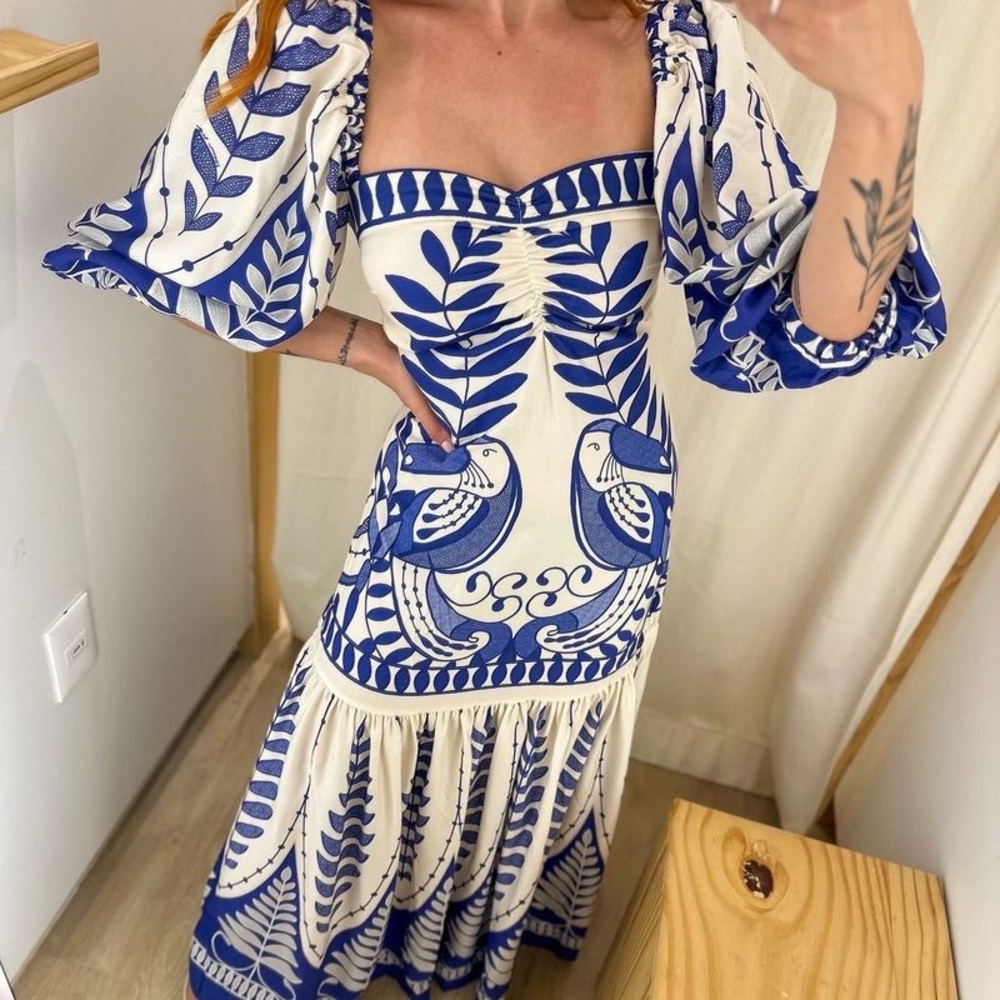 FARM Rio Palm Blue and Off-white Maxi Dress with Bishop Sleeves, size M